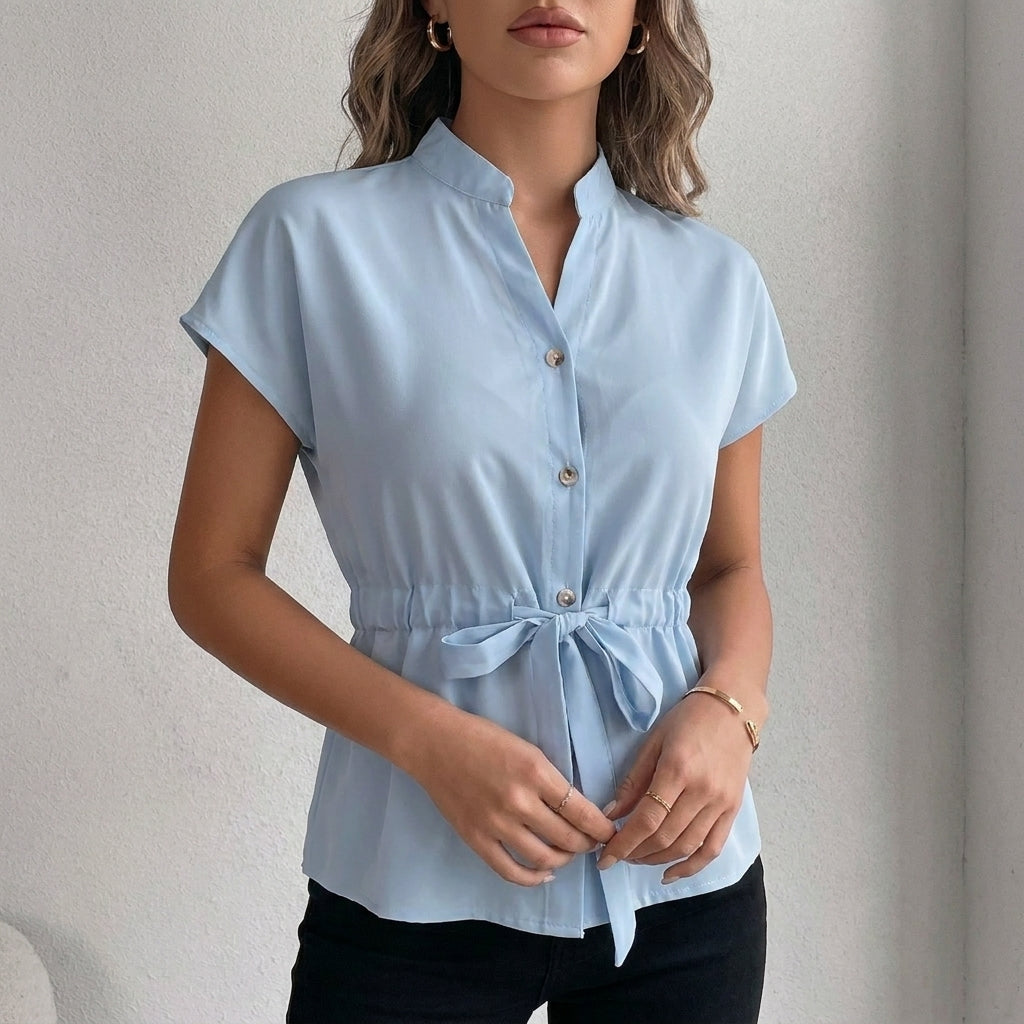 Denim Blouse Women Cap Sleeve Stand Collar Tie Waist