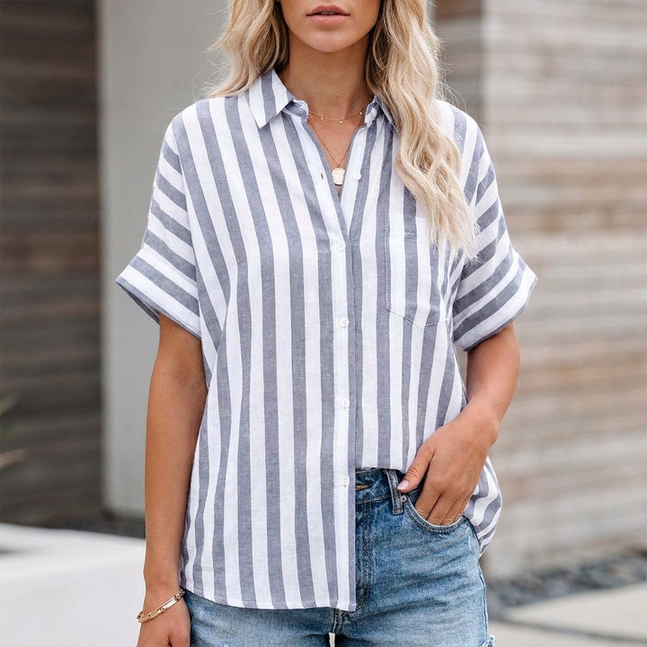 Linen Blouse Women Striped Button Front Oversized