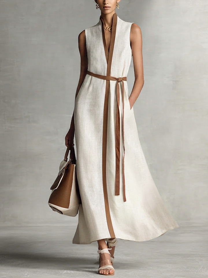 Linen Maxi Dress Women V-Neck Sleeveless Tie Waist