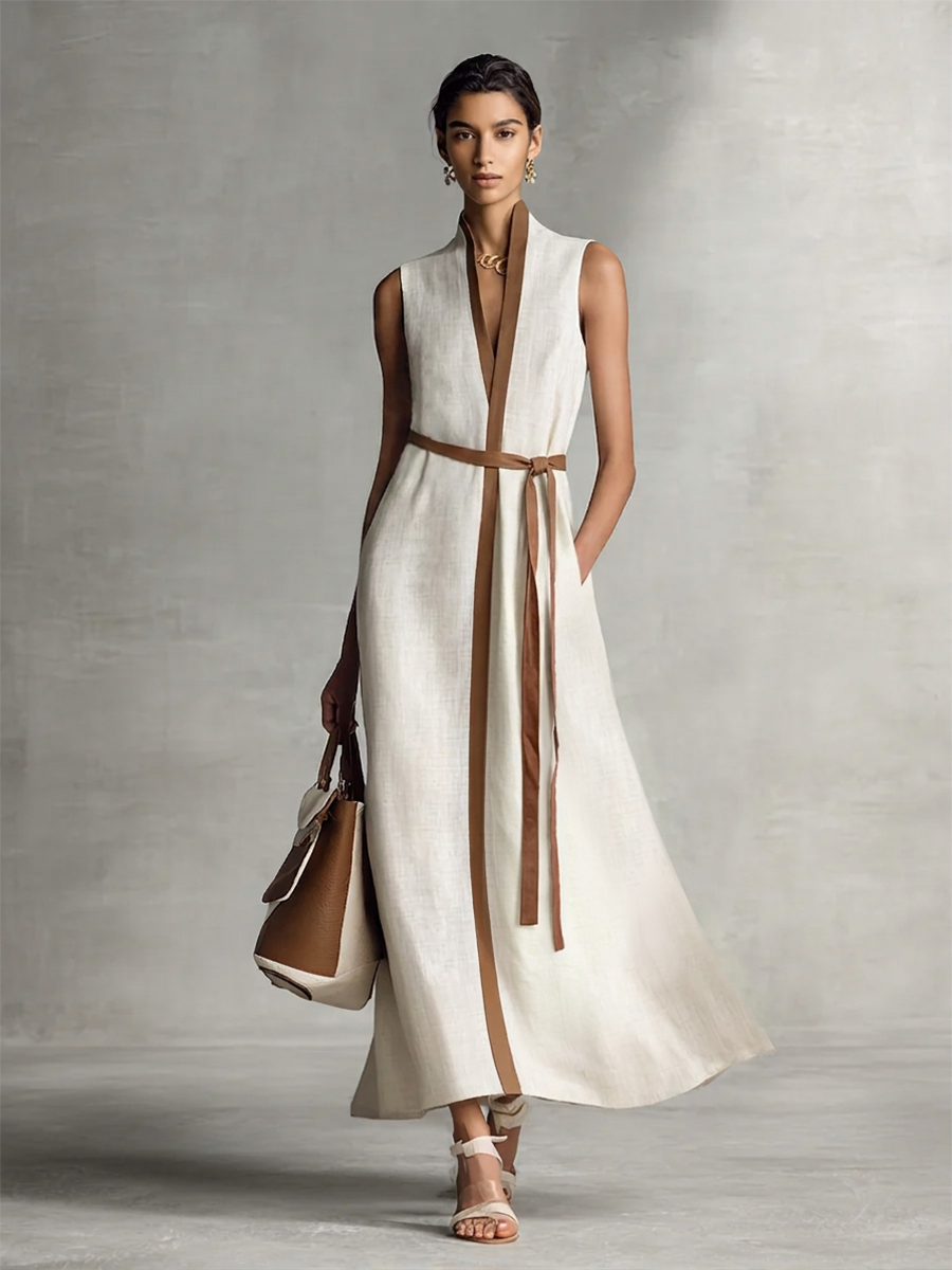 Linen Maxi Dress Women V-Neck Sleeveless Tie Waist
