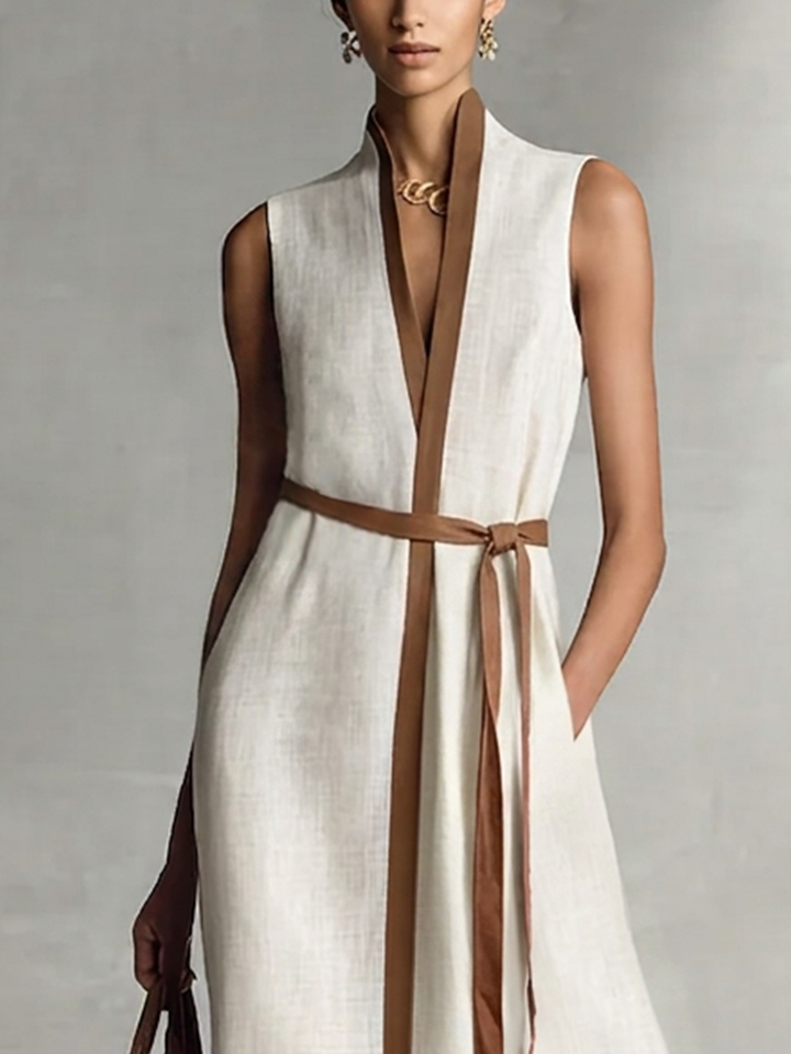 Linen Maxi Dress Women V-Neck Sleeveless Tie Waist