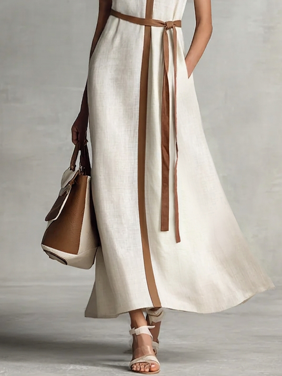 Linen Maxi Dress Women V-Neck Sleeveless Tie Waist
