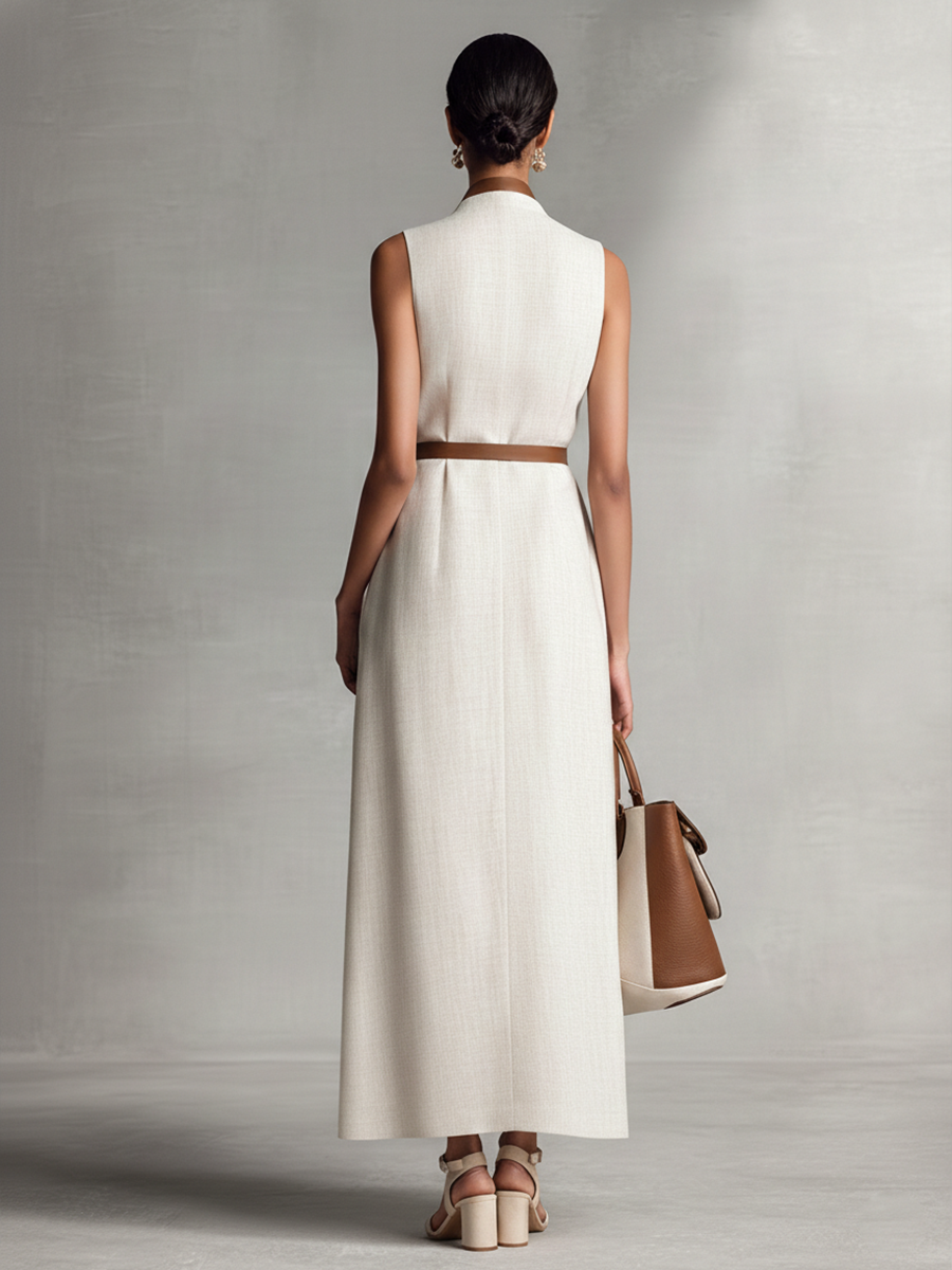 Linen Maxi Dress Women V-Neck Sleeveless Tie Waist