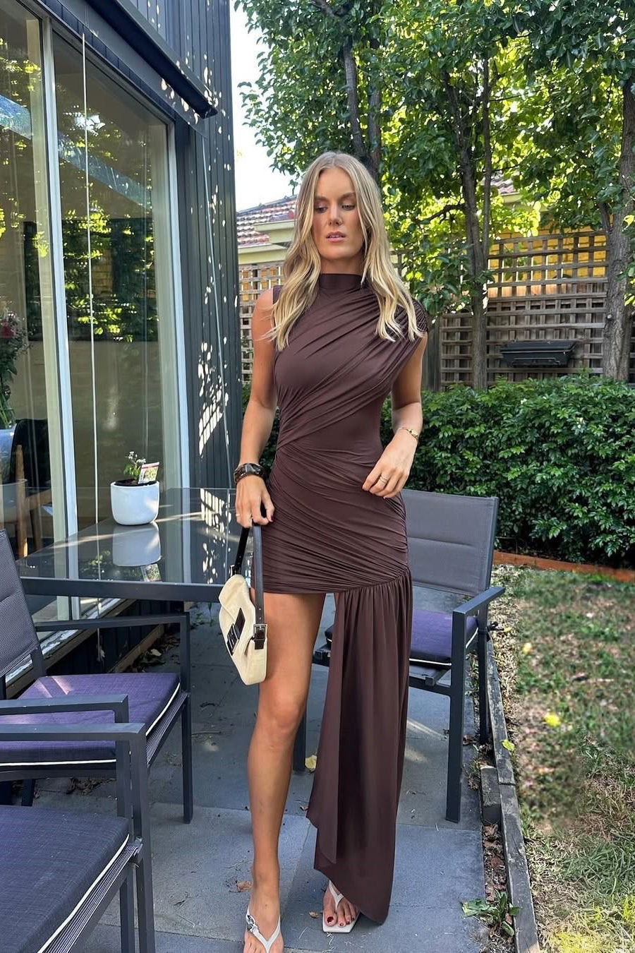 Asymmetric Draped Mini Dress with One Shoulder Design