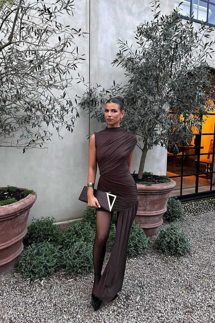 Asymmetric Draped Mini Dress with One Shoulder Design