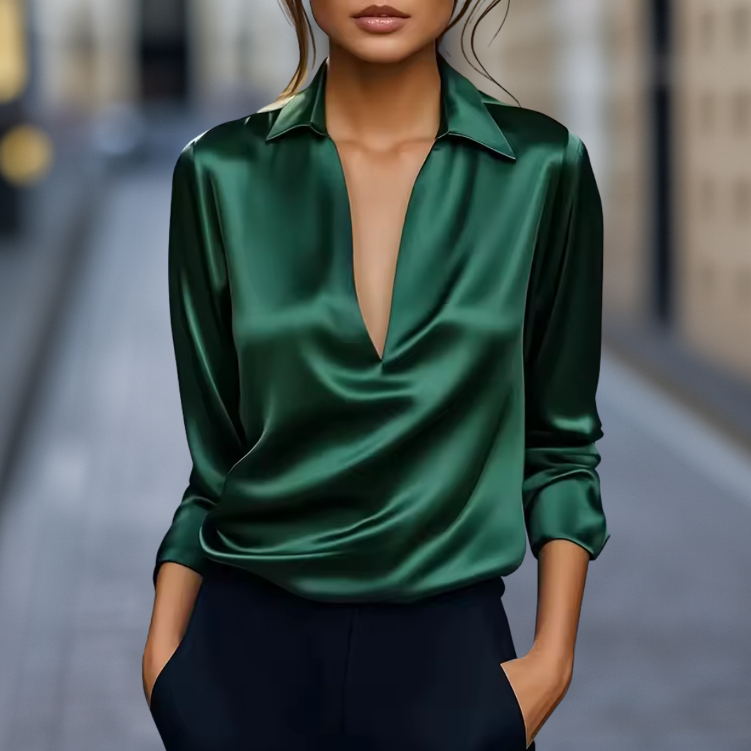 Satin Blouse Women V-Neck Collared Long Sleeve
