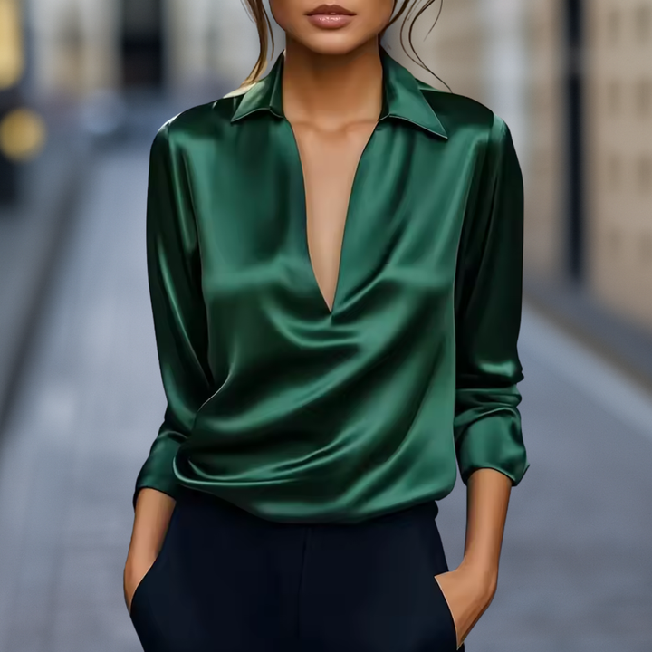 Satin Blouse Women V-Neck Collared Long Sleeve