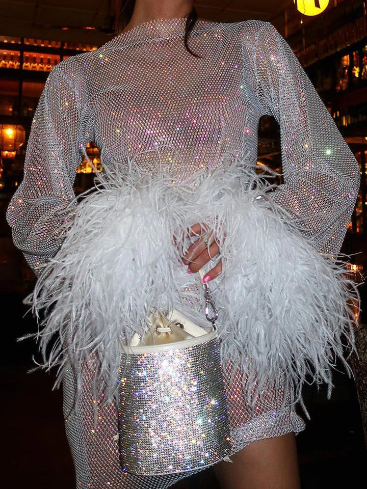 Sequin Feather Mini Dress with Long Sleeves and Sheer Detail