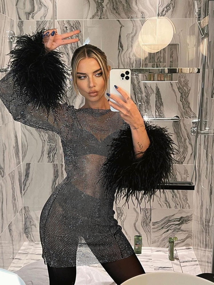 Sequin Feather Mini Dress with Long Sleeves and Sheer Detail