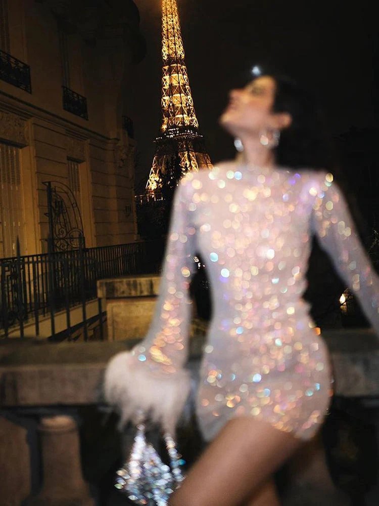 Sequin Feather Mini Dress with Long Sleeves and Sheer Detail