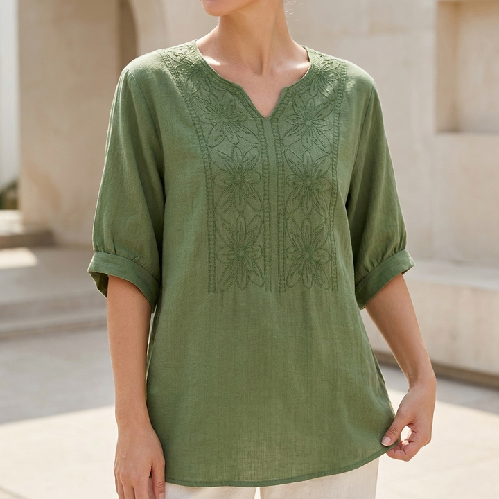 Linen Blouse Women Floral V-Neck Drop Shoulder Flowy