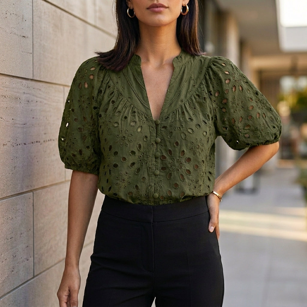 Linen Blouse Women V-Neck Button Front Embroidery