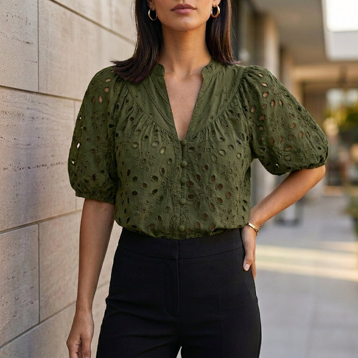 Linen Blouse Women V-Neck Button Front Embroidery