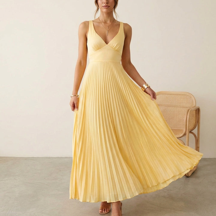 Satin Maxi Dress Women V-Neck Sleeveless Pleated Evening