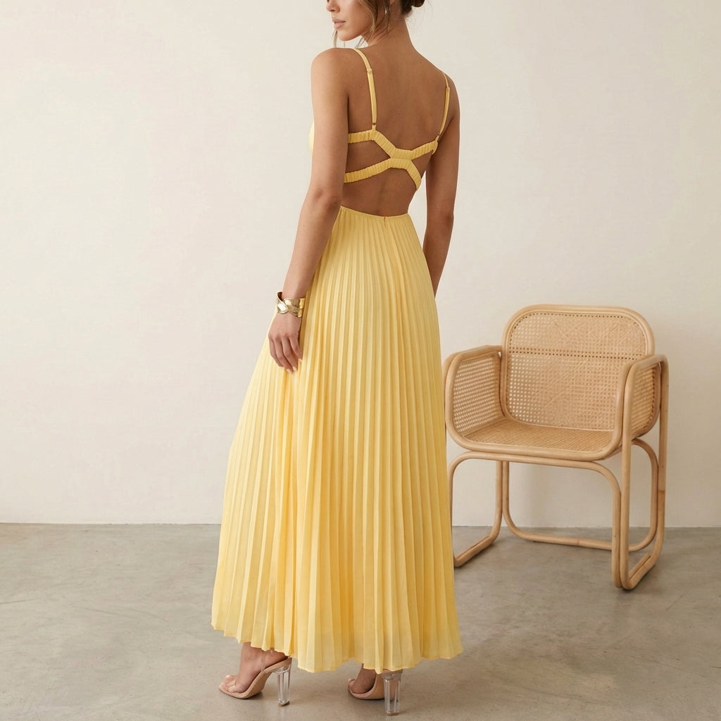 Satin Maxi Dress Women V-Neck Sleeveless Pleated Evening