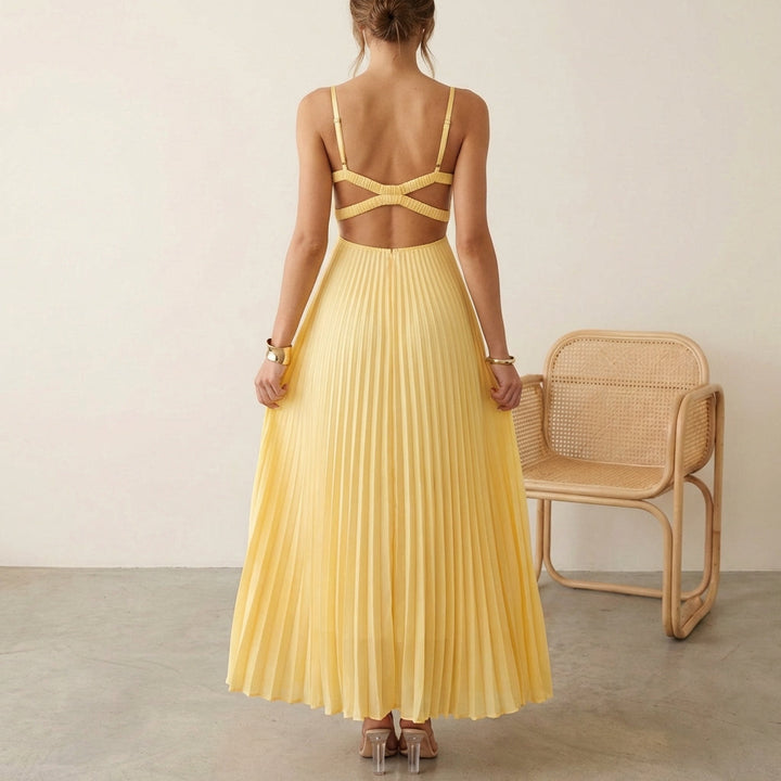 Satin Maxi Dress Women V-Neck Sleeveless Pleated Evening