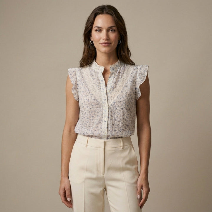 Blouse Women Floral Sleeveless Lace Panel Woven