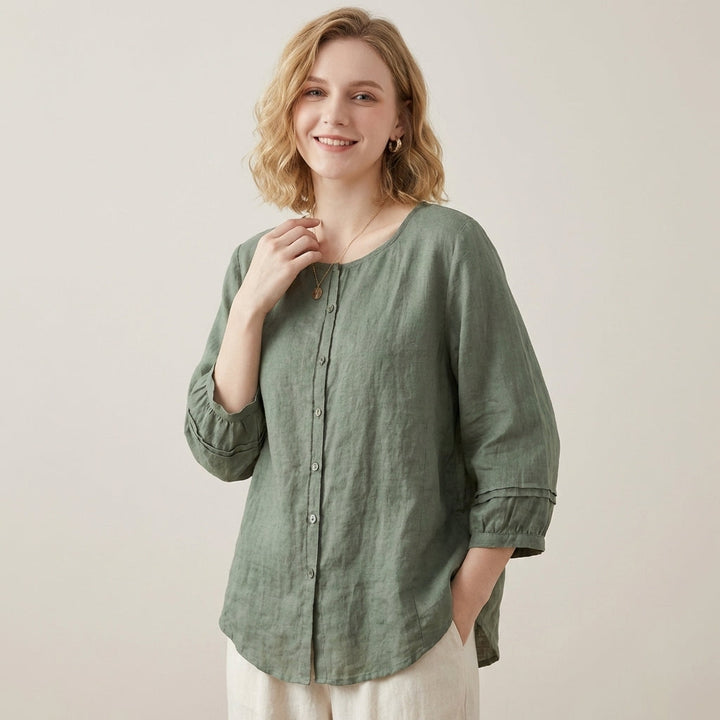 Linen Top Women Button Front Gathered Neckline Casual