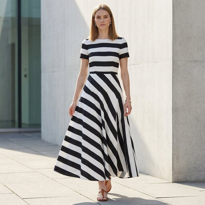 Striped Maxi Dress Women A-Line Print Pockets