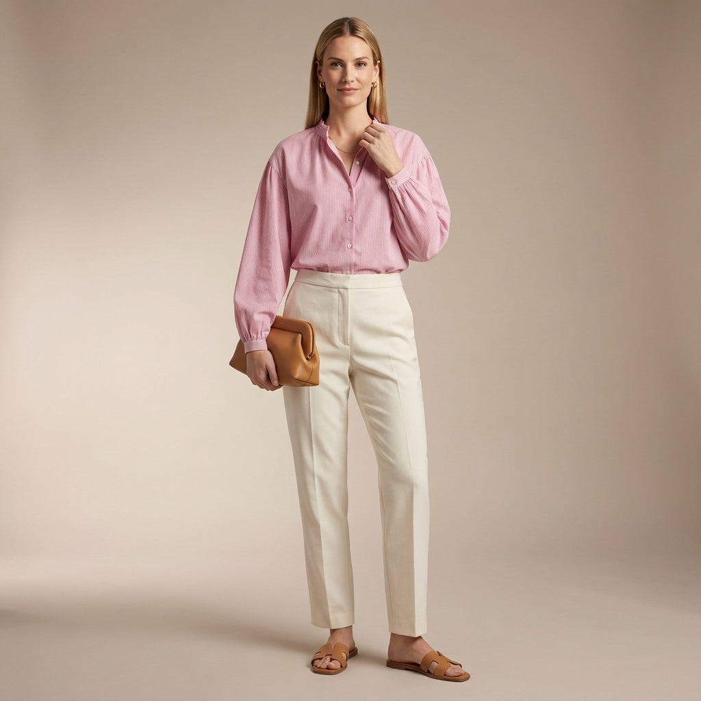 Cotton Blouse Women Vertical Stripe Lightweight Woven