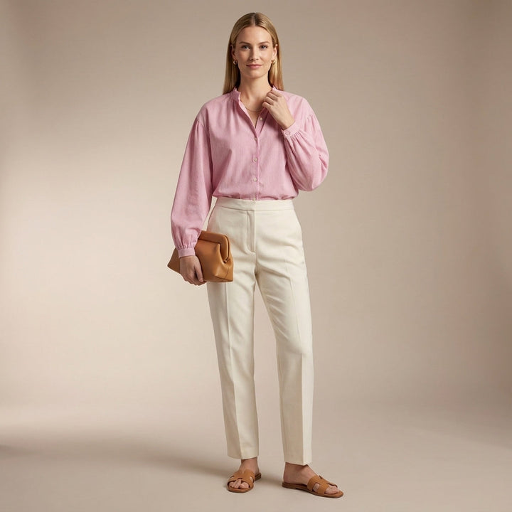 Cotton Blouse Women Vertical Stripe Lightweight Woven