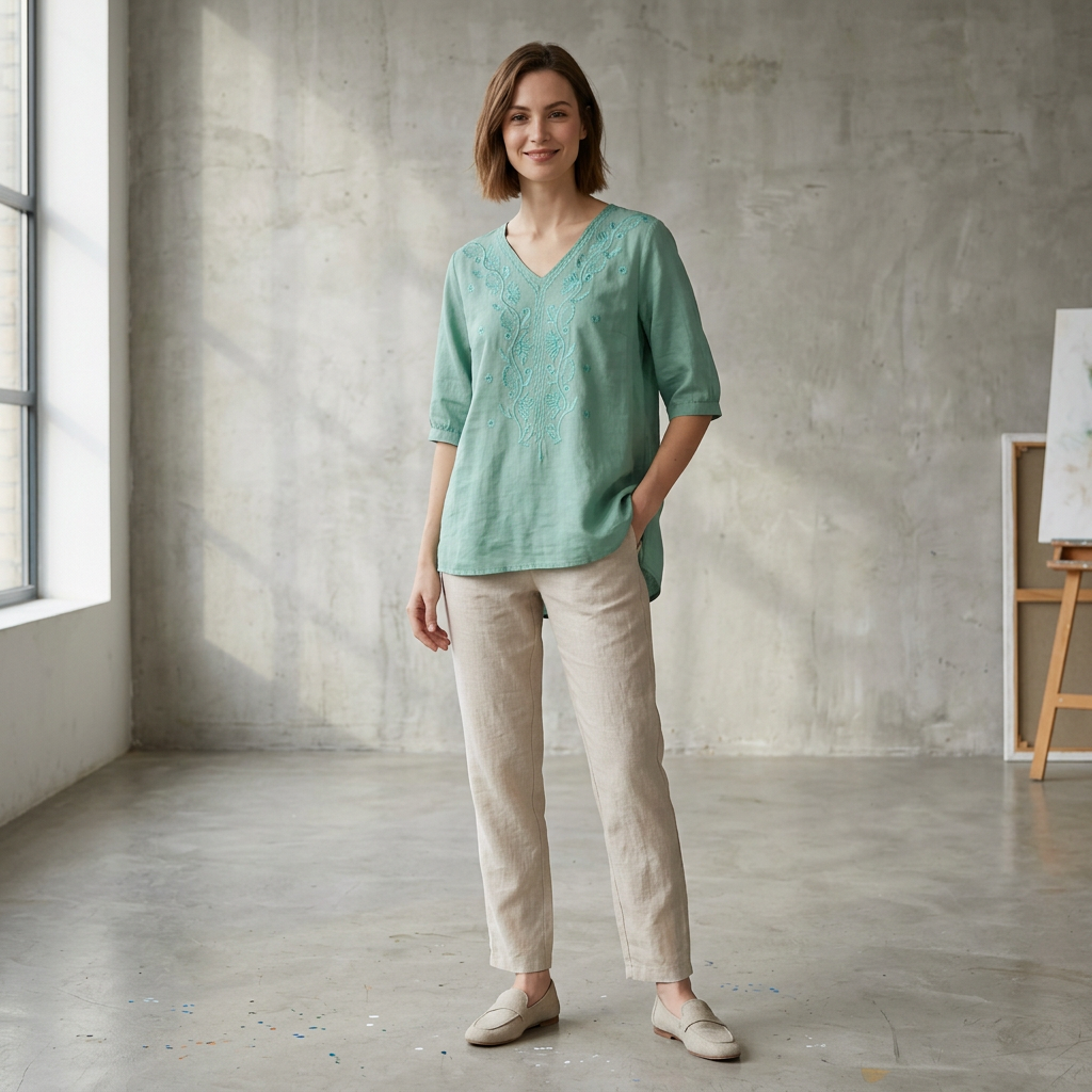 Linen Blouse Women Floral V-Neck 3/4 Sleeve Slit