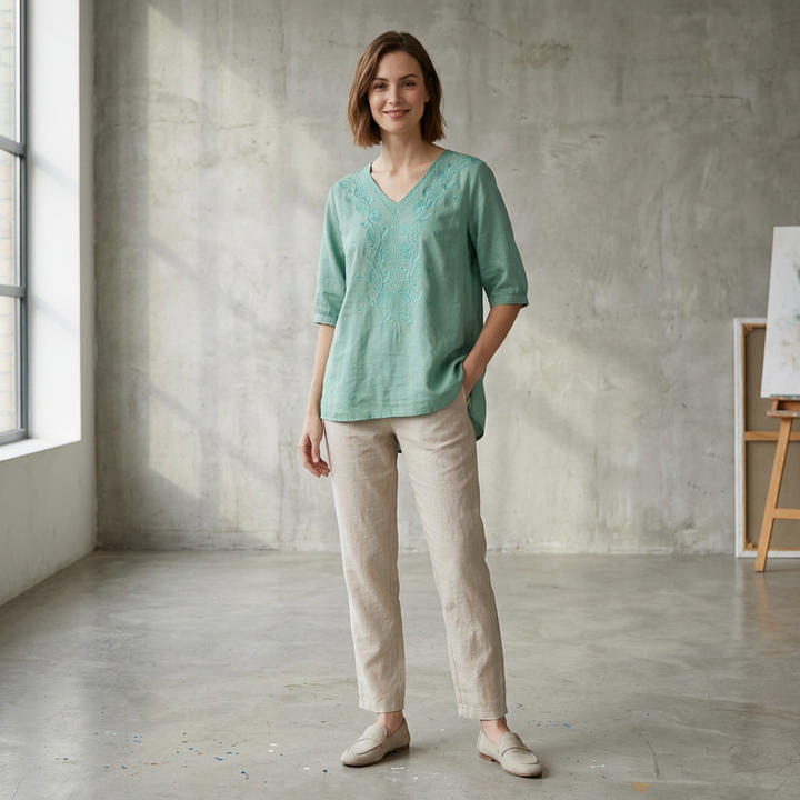 Linen Blouse Women Floral V-Neck 3/4 Sleeve Slit