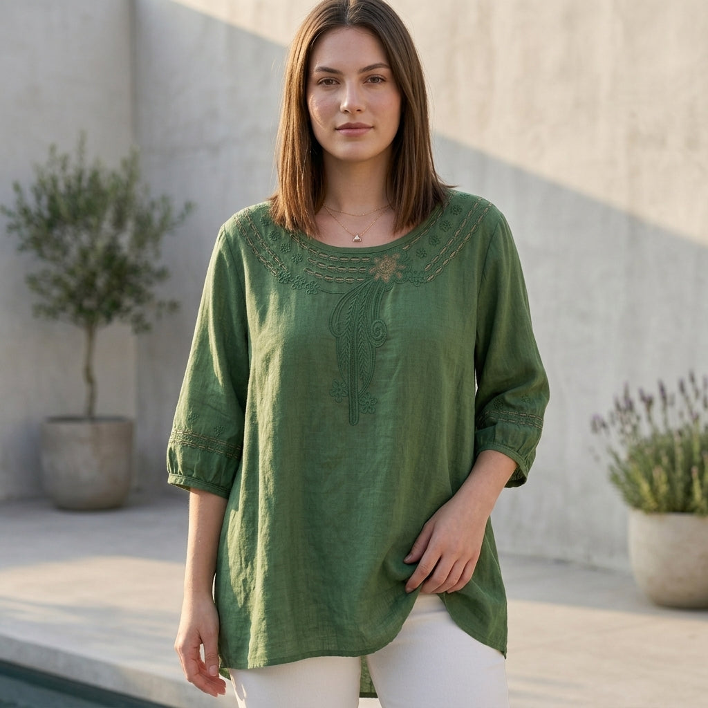 Linen Blouse Women Cut-Out Eyelet Embroidery Relaxed