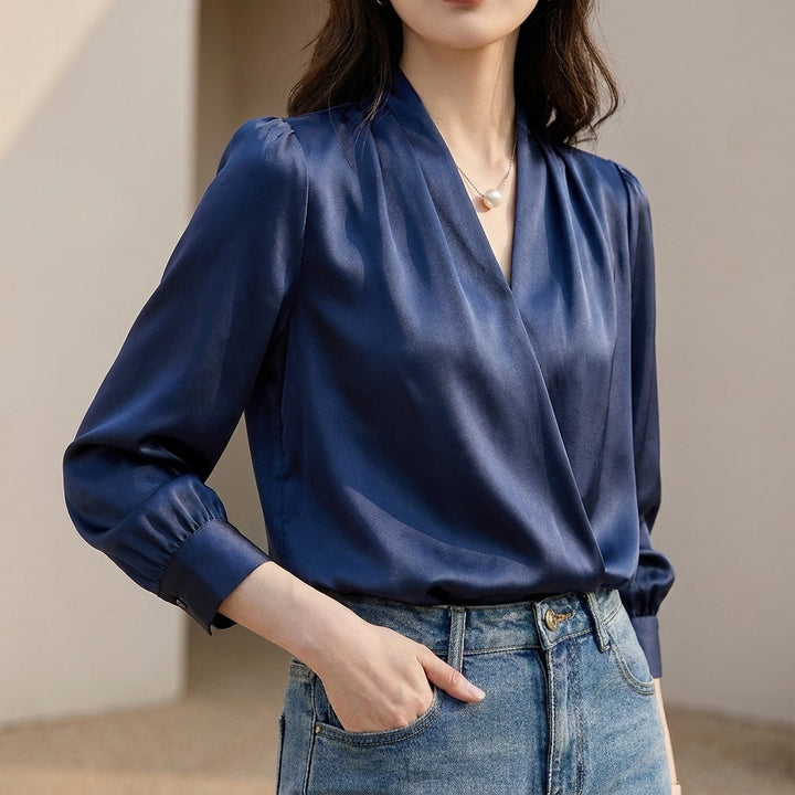Blouse Women V-Neck Puff Sleeve Pleated Tailored Waist
