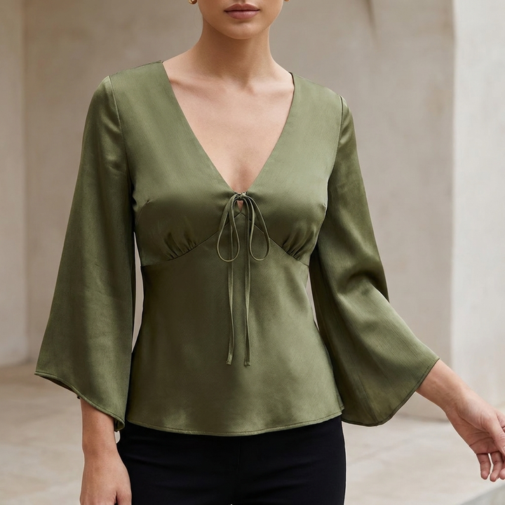Satin Blouse Women V-Neck High Waist Empire Glossy