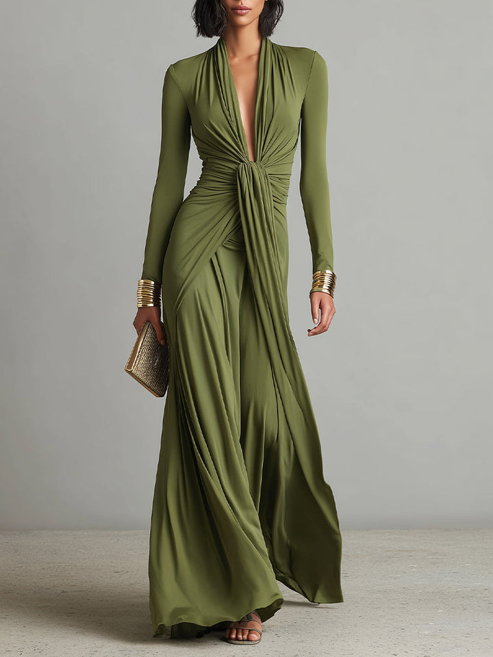 Silk Maxi Dress Women V-Neck Olive Green Long Sleeve Evening