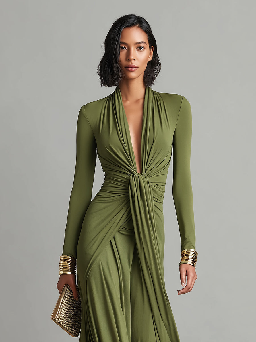 Silk Maxi Dress Women V-Neck Olive Green Long Sleeve Evening