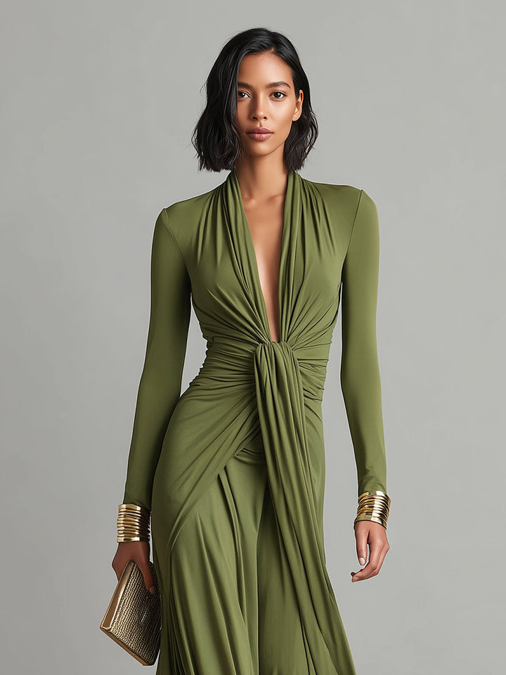 Silk Maxi Dress Women V-Neck Olive Green Long Sleeve Evening