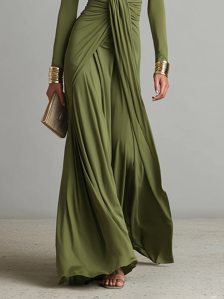 Silk Maxi Dress Women V-Neck Olive Green Long Sleeve Evening