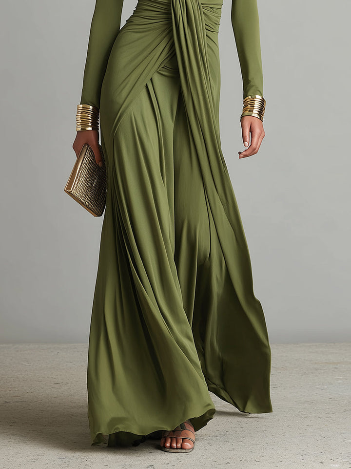 Silk Maxi Dress Women V-Neck Olive Green Long Sleeve Evening