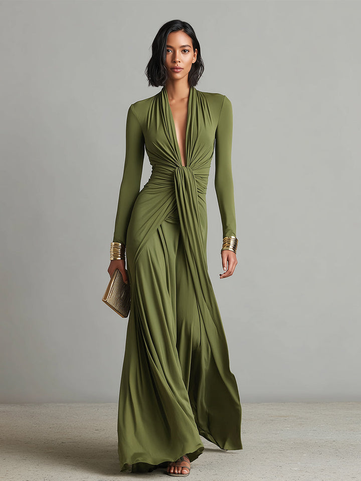 Silk Maxi Dress Women V-Neck Olive Green Long Sleeve Evening