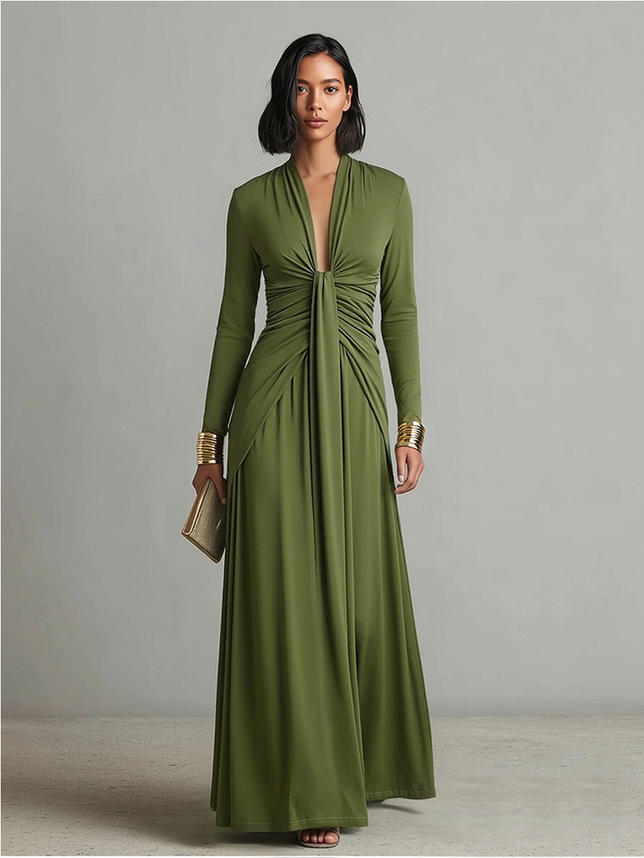 Silk Maxi Dress Women V-Neck Olive Green Long Sleeve Evening