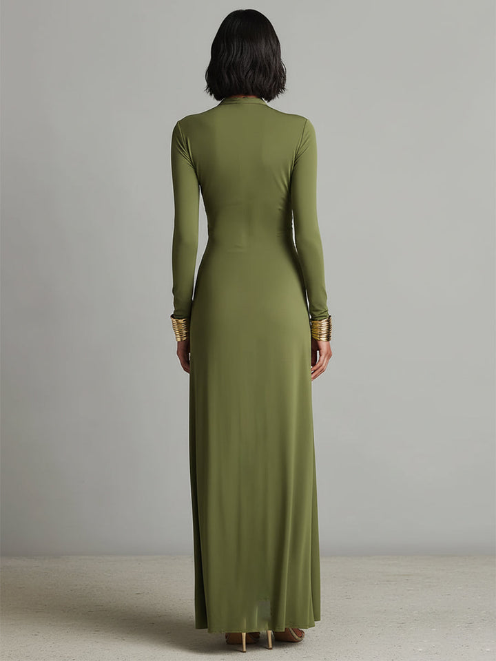 Silk Maxi Dress Women V-Neck Olive Green Long Sleeve Evening