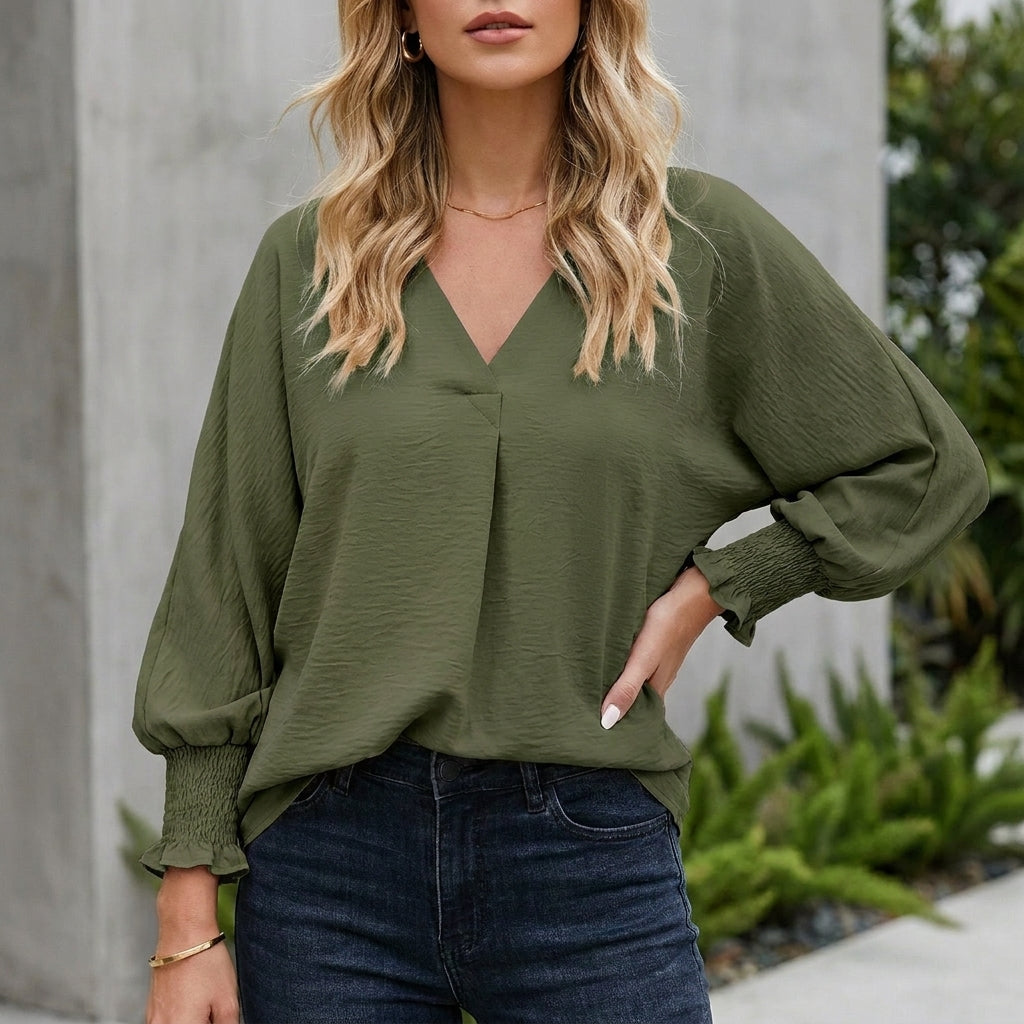 Denim Blouse Women V-Neck Ruffle Lightweight Crinkle