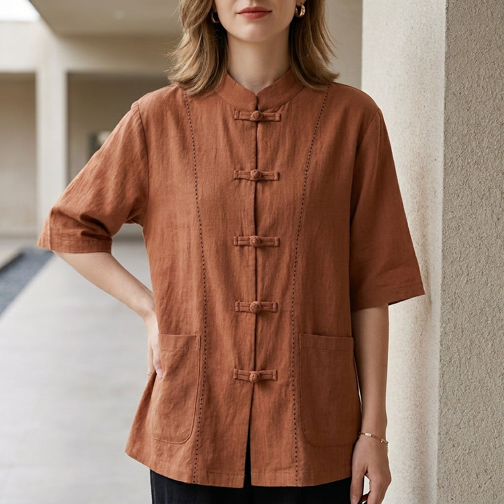 Denim Blouse Women Mandarin Collar Knot Button Pockets