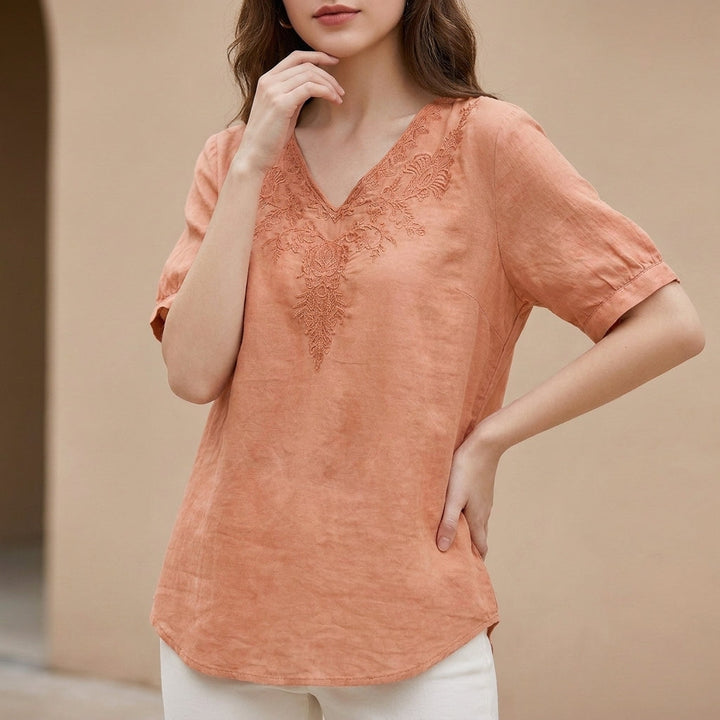 Linen Blouse Women Floral V-Neck Crinkle Texture