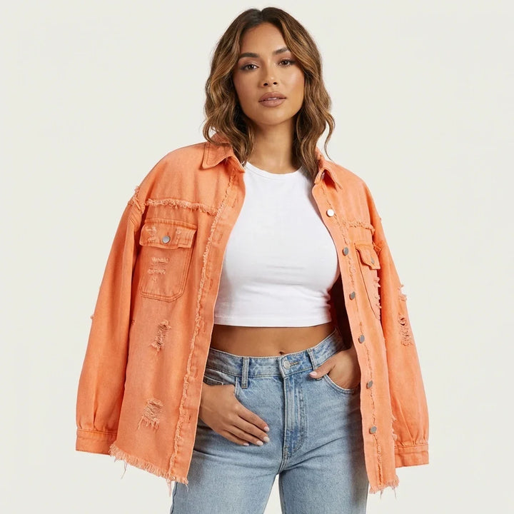 Holly | Button-Front Orange Denim Jacket for Women