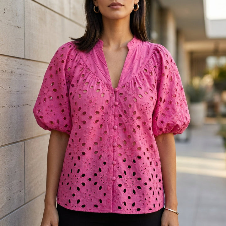 Linen Blouse Women V-Neck Button Front Embroidery