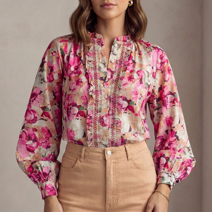 Blouse Women Floral Long Sleeve Ruffle Draped