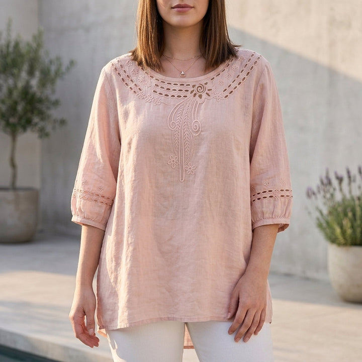 Linen Blouse Women Cut-Out Eyelet Embroidery Relaxed