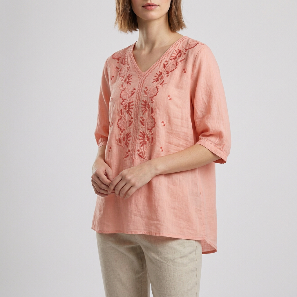 Linen Blouse Women Floral V-Neck 3/4 Sleeve Slit