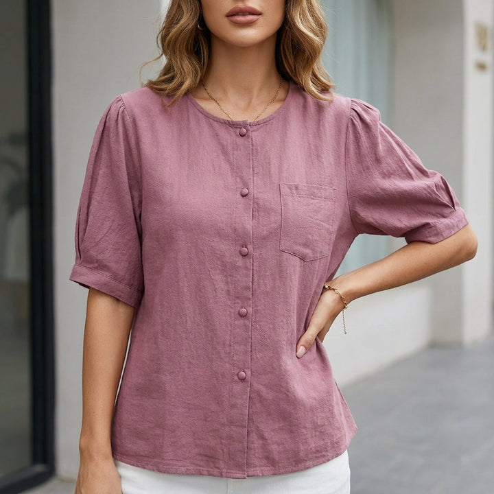Linen Blouse Women Short Sleeve Button Front Pockets Rose