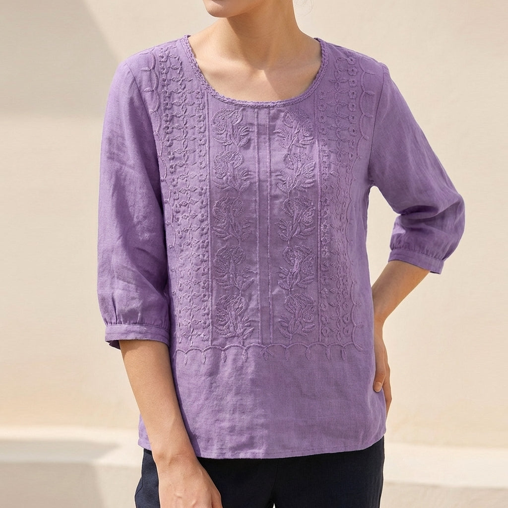 Cotton Blouse Women Floral Embroidery Relaxed Fit Gauzy