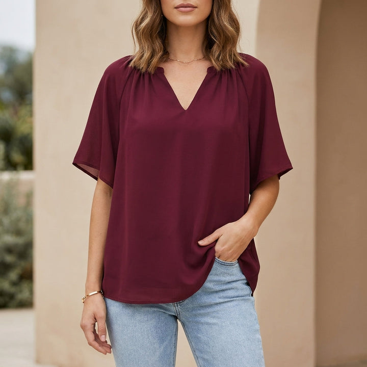 Blouse Women V-Neck Flutter Sleeve Gathered Neckline