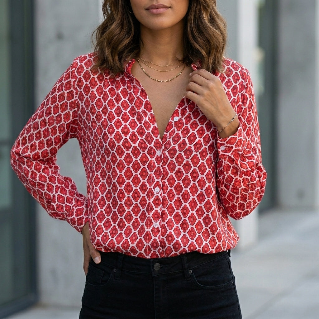 Blouse Women Geometric V-Neck Long Sleeve Flowing